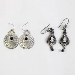 Lot Of 2 Silver Tone Dangle Earrings Jewelry Cameo Black Faux Pearl