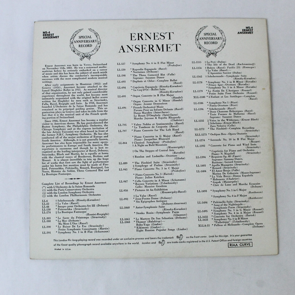 Ernest Ansermet 33.5 RPM LP Vinyl 1958 London Records MS 4 Special Anniversary