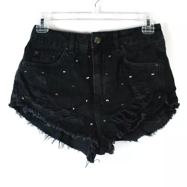 Topshop Moto Mom Denim Shorts Size 4 Faded Black High Waist Distressed Studs