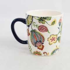 Bico Floral Pattern Ceramic Coffee Mug Blue Handle Microwave/Dishwasher Safe