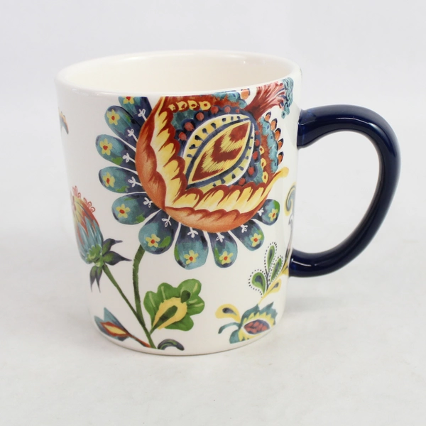 Bico Floral Pattern Ceramic Coffee Mug Blue Handle Microwave/Dishwasher Safe