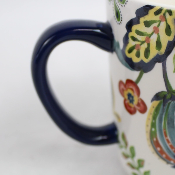 Bico Floral Pattern Ceramic Coffee Mug Blue Handle Microwave/Dishwasher Safe