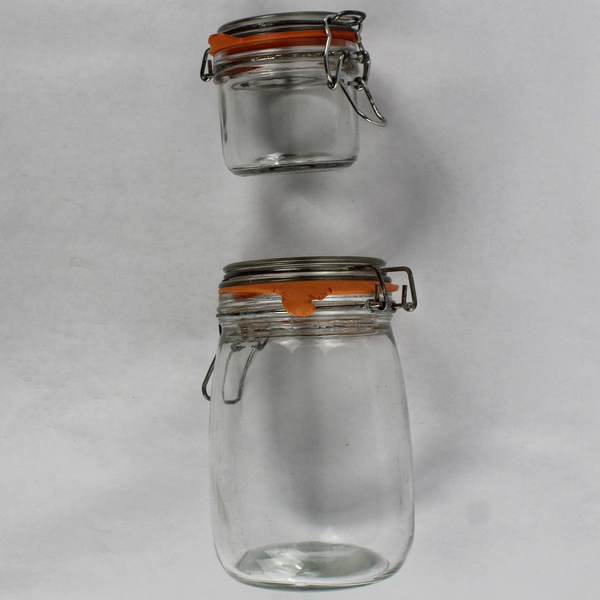 Lot of 2 Clear Glass Jars Airtight Rubber Seal Kitchen 1 Large 1 Small