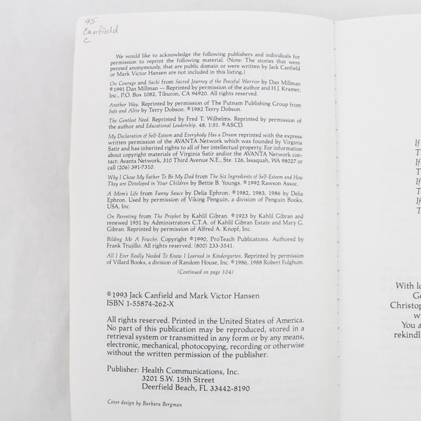 Chicken Soup for the Soul 101 Stories to Open the Heart Jack Canfield 1993 PB