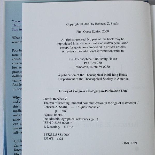 The Zen of Listening by Rebecca Z. Shafir 2000 HC with Dust Jacket, Pre-Owned