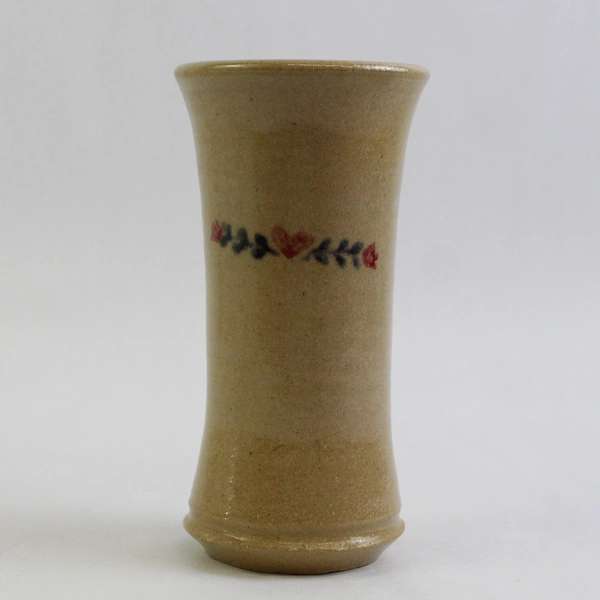 Handcrafted Small Stoneware Pottery Beige Vase 6" Hand Painted Floral Design
