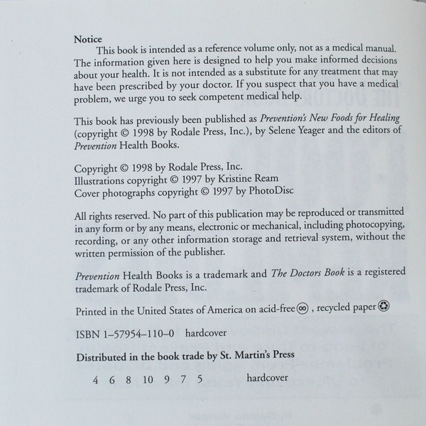 The Doctors Book of Food Remedies by Selene Yeager 1998 Hardcover
