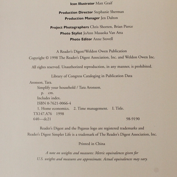 Simplify Your Household by Tara Aronson 1998 Hardcover - Very Good Condition