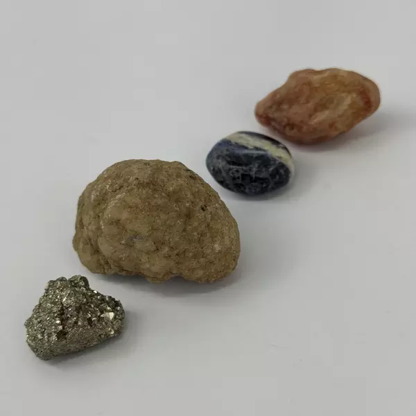 Lot of 4 Small Mineral Specimens Pyrite Sodalite Gypsum Quartz Crystal Geode