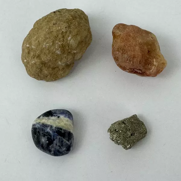 Lot of 4 Small Mineral Specimens Pyrite Sodalite Gypsum Quartz Crystal Geode