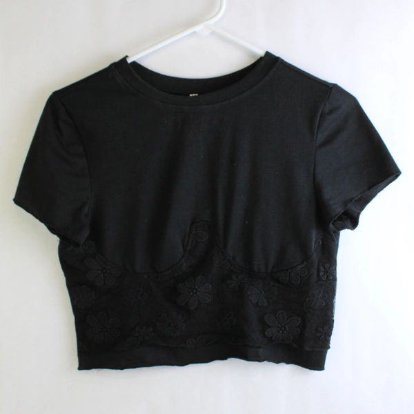 SHEIN Women's Medium Black Short Sleeve Crop Top with Floral Mesh Lace