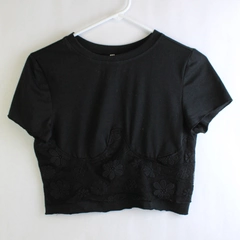 SHEIN Women's Medium Black Short Sleeve Crop Top with Floral Mesh Lace