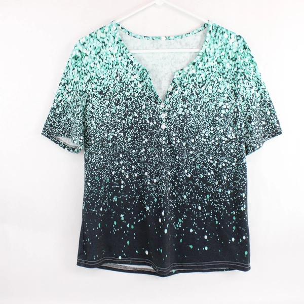Green and Blue Speckled 1/4 Button T-Shirt Women's Medium