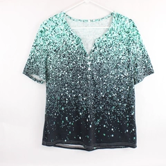 Green and Blue Speckled 1/4 Button T-Shirt Women's Medium