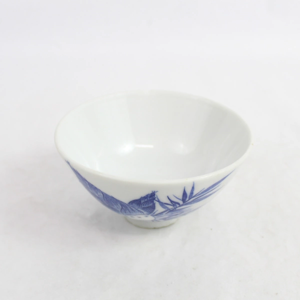 Small Japanese Rice Bowl White & Blue Bamboo Shoot/Leaf Patterned 4.5" x 2.5"
