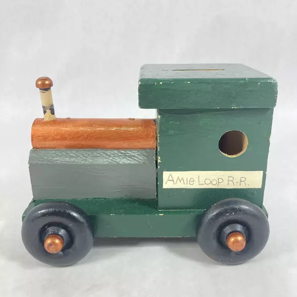 Vintage Handmade And Hand Painted Wooden Train Coin Bank 