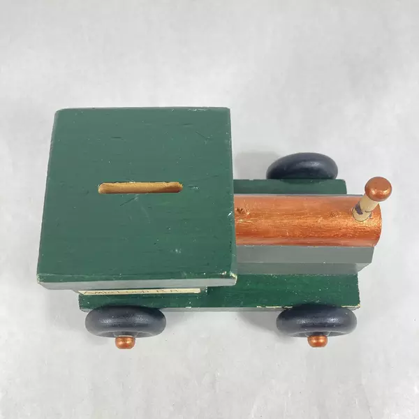 Vintage Handmade And Hand Painted Wooden Train Coin Bank 