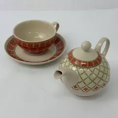 2005 Harry & David 4-Piece Tea for One Set Red Green Lattice Square