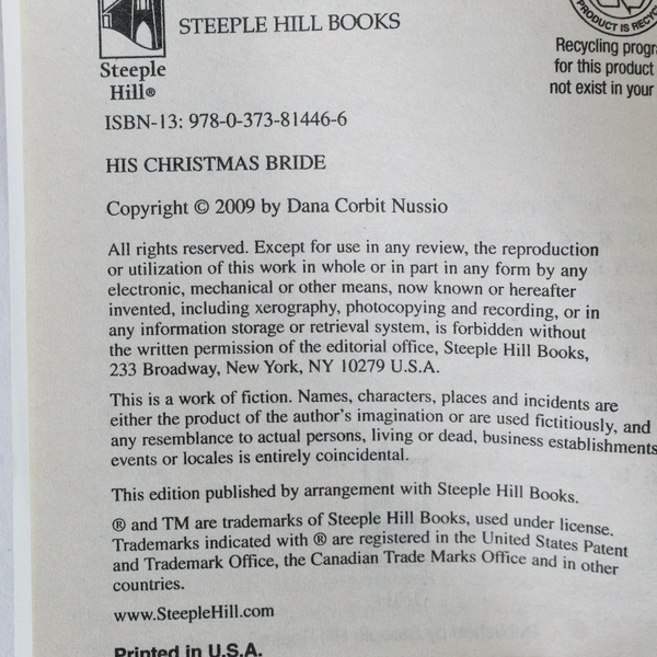 His Christmas Bride by Dana Corbit, 2009 Steeple Hill Romance Paperback