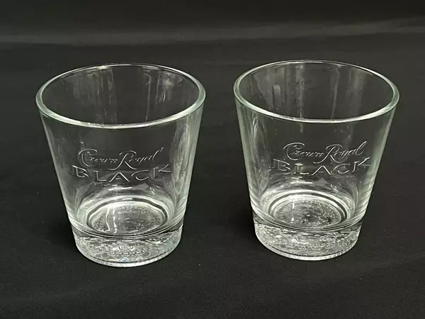 Lot of 2 Crown Royal Black Embossed Lowball Glasses Good Condition