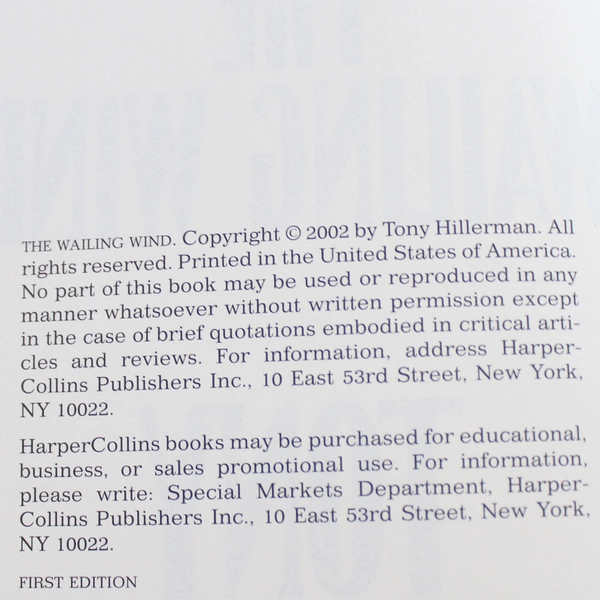 The Wailing Wind by Tony Hillerman 2002 HarperCollins Hardcover Dust Jacket