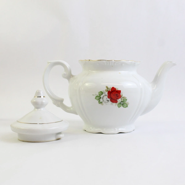 Unbranded White With Red Roses Ceramic Teapot & Lid