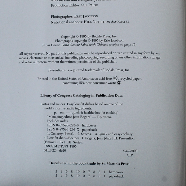 Pastas and Sauces Prevention Magazine's Quick & Healthy Low Fat Cooking 1995