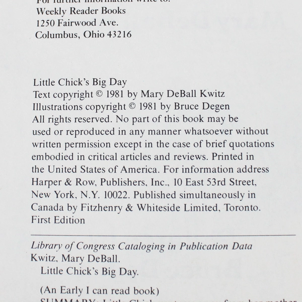 Little Chick's Big Day by Mary DeBall Kwitz 1981 Hardcover First Edition
