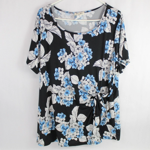 Brittany Black Blue White and Black Floral Patterned Blouse Women's Size 2X