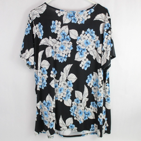 Brittany Black Blue White and Black Floral Patterned Blouse Women's Size 2X