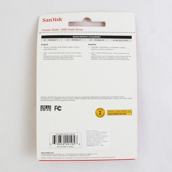 New Sealed SanDisk Cruzer Glide USB 2.0 Flash Drive 64GB