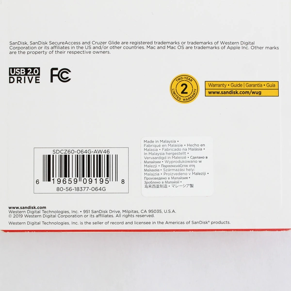 New Sealed SanDisk Cruzer Glide USB 2.0 Flash Drive 64GB