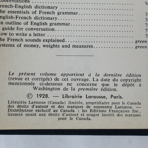 Dictionnaire Français-Anglais Librarie Larousse 1928 Hardcover