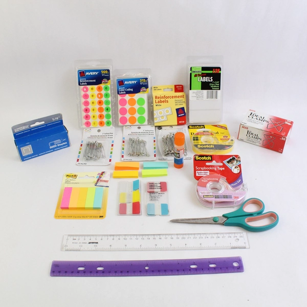 Small Lot of School and Office Supplies Sticky Notes Stables Scissors Etc.