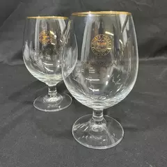 Lot of 2 Northwest Brewing Old Stock Ale Clear Crystal Glasses Gold Rim 6 Inch