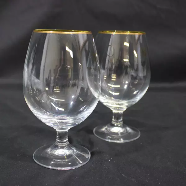Lot of 2 Northwest Brewing Old Stock Ale Clear Crystal Glasses Gold Rim 6 Inch