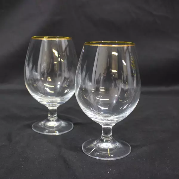 Lot of 2 Northwest Brewing Old Stock Ale Clear Crystal Glasses Gold Rim 6 Inch