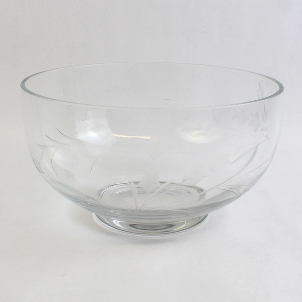 Vintage Unmarked Clear Glass Bowl with Etched Flower Design 9.25"