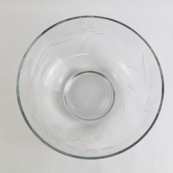 Vintage Unmarked Clear Glass Bowl with Etched Flower Design 9.25"