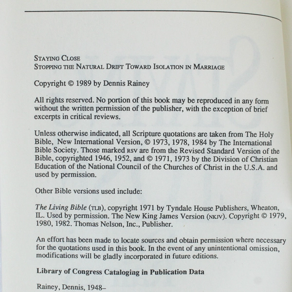 Staying Close by Dennis Rainey 1982 Paperback Marriage Relationship Self Help