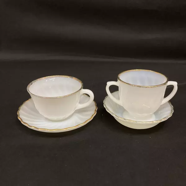 Lot Of Anchor Hocking Fire King Swirl Milk Glass Cup Saucer Sugar Fruit Bowls