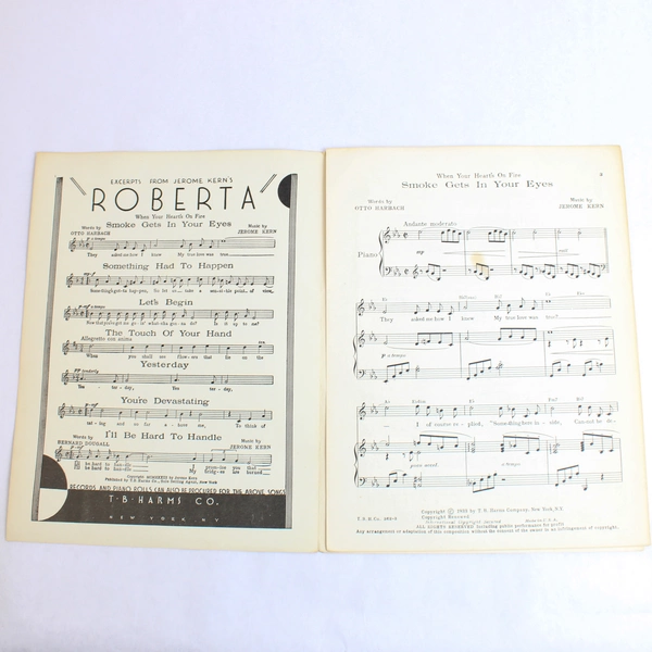 Vintage When Your Heart's On Fire Smoke Gets In Your Eyes Sheet Music 1933