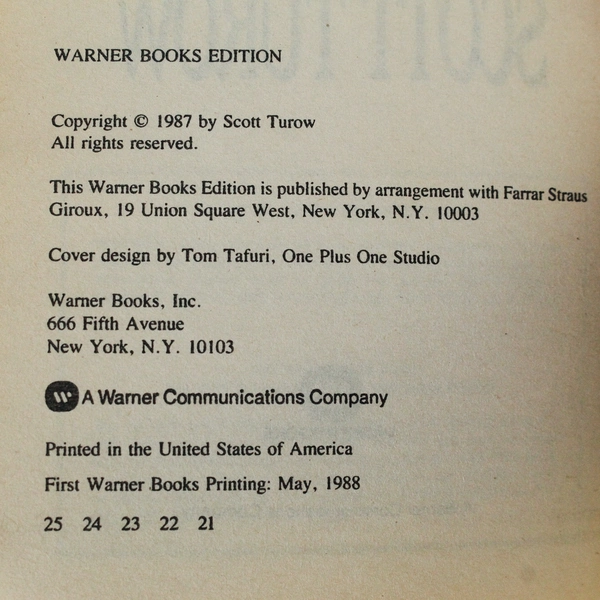 Presumed Innocent by Scott Turow, 1987 Warner Books Paperback - Pre-Owned