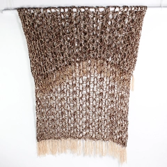 Handmade Brown and Beige Open Knit Throw Blanket with Fringe 78" x 87"
