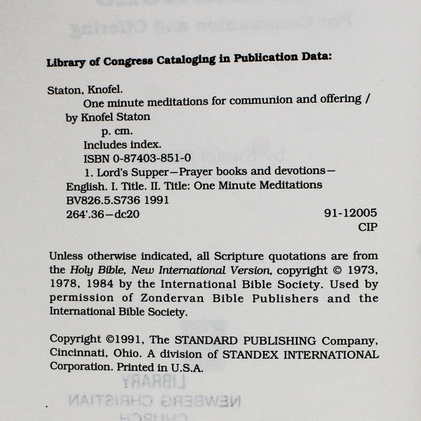 One Minute Meditations for Communion & Offering by Knofel Staton 1991 PB Ex-Lib