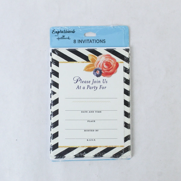 Hallmark Floral Party Invitations - 8 Sealed Cards with Striped Border