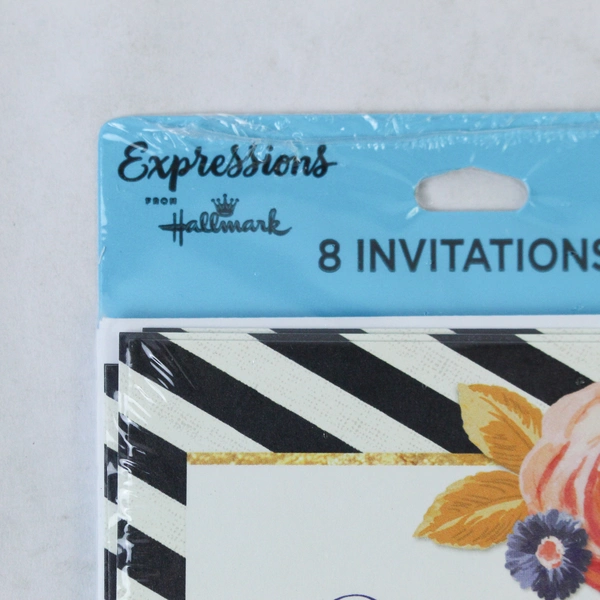 Hallmark Floral Party Invitations - 8 Sealed Cards with Striped Border
