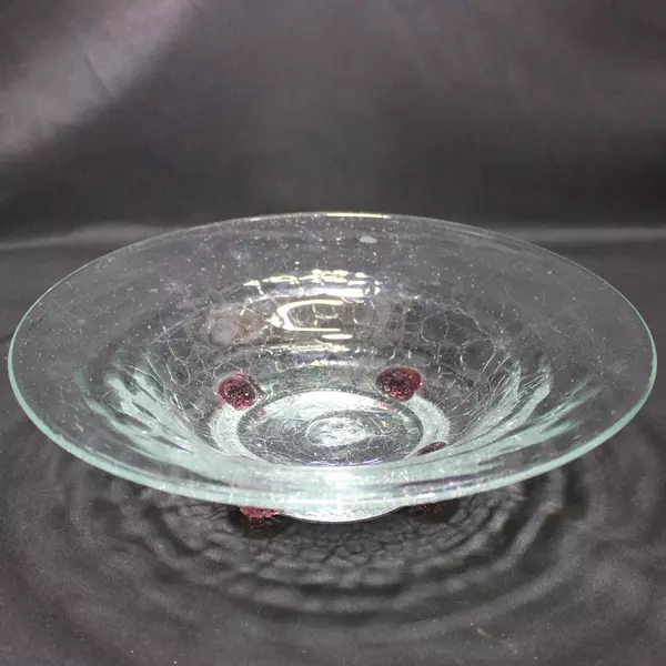 Hand Blown Crackled Art Glass Bowl 11 Inch Purple Berries Base Decor
