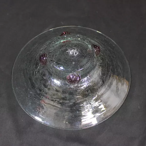 Hand Blown Crackled Art Glass Bowl 11 Inch Purple Berries Base Decor