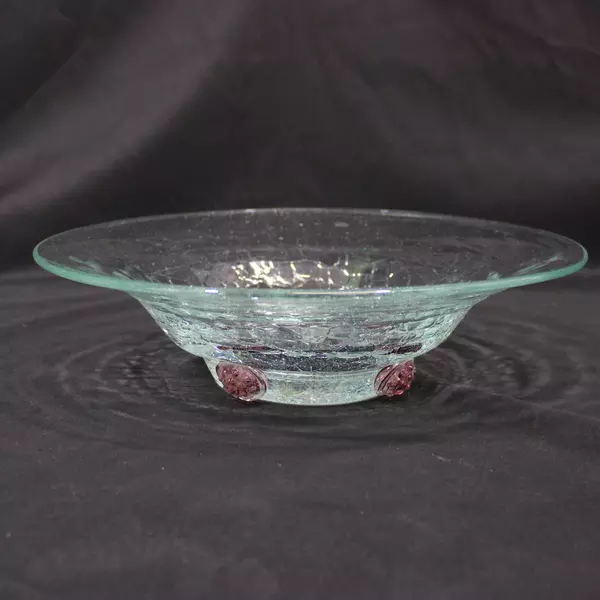 Hand Blown Crackled Art Glass Bowl 11 Inch Purple Berries Base Decor